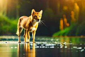 une chien permanent dans le l'eau à le coucher du soleil. généré par ai photo