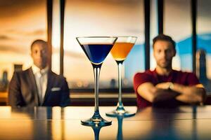 deux Hommes séance à une table avec une cocktail. généré par ai photo