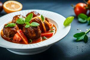 Boulettes de viande dans tomate sauce avec basilic feuilles et tomates. généré par ai photo