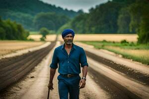 une homme dans une turban en marchant vers le bas une saleté route. généré par ai photo