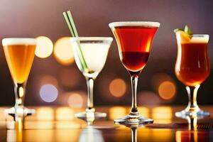 cinq différent les types de alcoolique les boissons dans lunettes. généré par ai photo