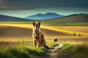 une chien séance sur une saleté route dans une champ. généré par ai photo