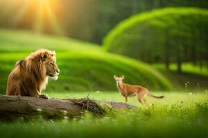 une Lion et une cerf sont séance sur une Journal dans le herbe. généré par ai photo