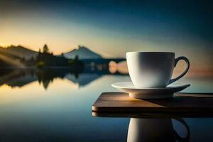 une tasse de café sur une en bois table avec une Lac dans le Contexte. généré par ai photo