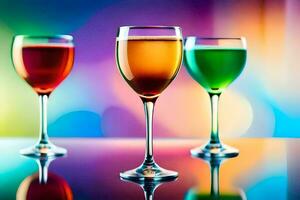 Trois des lunettes de du vin sur une table avec coloré Contexte. généré par ai photo