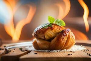 une pièce de nourriture sur une en bois assiette avec une Feu dans le Contexte. généré par ai photo