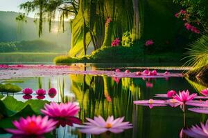 lotus fleurs dans le l'eau à lever du soleil. généré par ai photo