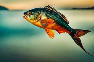 une poisson est en volant plus de le l'eau. généré par ai photo