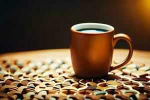 une café tasse est assis sur une en bois table avec une en bois Contexte. généré par ai photo