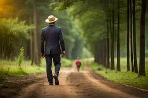 une homme dans une costume et chapeau en marchant vers le bas une saleté route. généré par ai photo