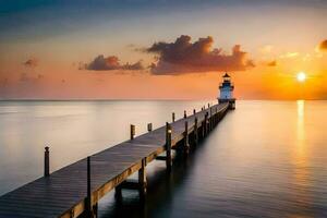 une phare jetée à le coucher du soleil avec une longue exposition. généré par ai photo