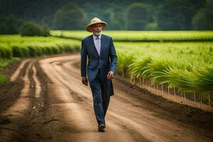 une homme dans une costume et chapeau en marchant par une champ de riz. généré par ai photo