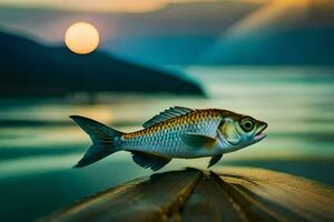 une poisson est séance sur une en bois planche dans de face de une lac. généré par ai photo