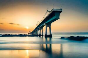 une pont plus de le océan à le coucher du soleil. généré par ai photo