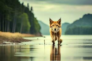 une Renard en marchant à travers le l'eau dans de face de une forêt. généré par ai photo