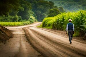 une homme en marchant vers le bas une saleté route dans de face de une sucre canne champ. généré par ai photo