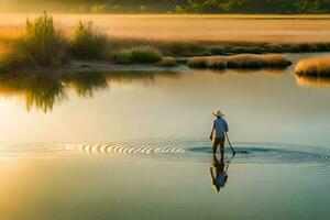 une homme est permanent dans le l'eau avec une pagayer. généré par ai photo