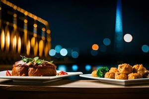 deux assiettes de nourriture avec une vue de le ville. généré par ai photo