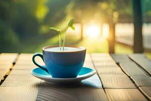 une tasse de café avec une plante croissance en dehors de il sur une en bois tableau. généré par ai photo