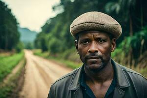 une homme portant une chapeau des stands sur une saleté route. généré par ai photo