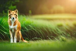 une chien séance dans le herbe près une étang. généré par ai photo