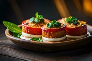 Trois farci tomates sur une en bois plaque. généré par ai photo