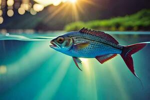 poisson nager dans le l'eau avec le Soleil brillant. généré par ai photo