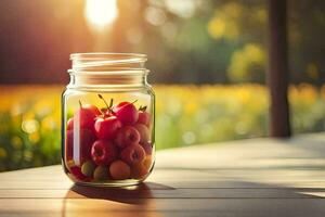 une pot rempli avec cerises et tomates sur une tableau. généré par ai photo