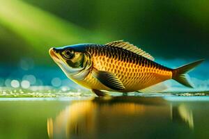 une poisson est permanent sur le l'eau avec une vert Contexte. généré par ai photo