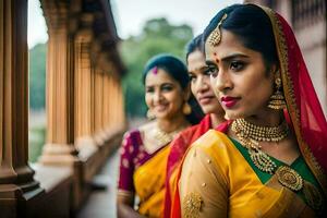 Trois femmes dans traditionnel Indien tenue. généré par ai photo