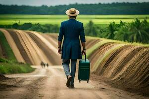 une homme dans une costume et chapeau en marchant vers le bas une saleté route avec une valise. généré par ai photo