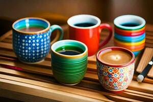 une variété de coloré café tasses sur une en bois plateau. généré par ai photo