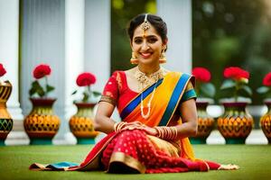 une magnifique Indien la mariée dans traditionnel tenue séance sur le herbe. généré par ai photo