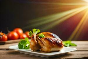 poulet sur une assiette avec tomates et herbes. généré par ai photo