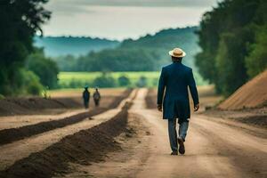 une homme dans une costume et chapeau des promenades vers le bas une saleté route. généré par ai photo