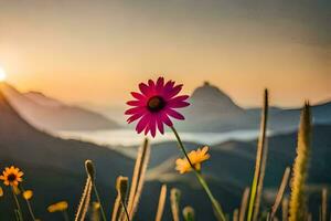 une rose fleur des stands dans de face de une Montagne gamme. généré par ai photo