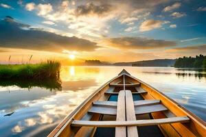 le bateau est sur le l'eau à le coucher du soleil. généré par ai photo