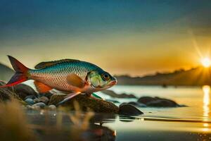une poisson est séance sur le rochers à le coucher du soleil. généré par ai photo