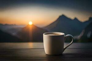 une tasse de café sur une table dans de face de une Montagne voir. généré par ai photo