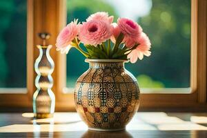 rose fleurs dans une vase sur une table près une la fenêtre. généré par ai photo