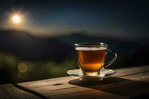 une tasse de thé sur une en bois table dans le montagnes. généré par ai photo