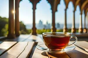 une tasse de thé sur une terrasse. généré par ai photo