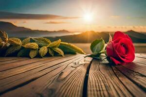 une Célibataire rouge Rose est assis sur une en bois table dans de face de une le coucher du soleil. généré par ai photo