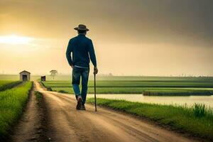 une homme en marchant sur une saleté route avec une canne. généré par ai photo