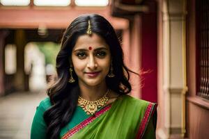 une magnifique Jeune femme dans une vert sari. généré par ai photo