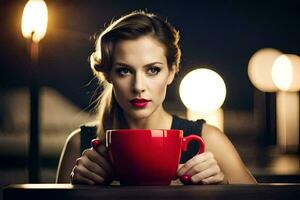 une femme en portant une rouge tasse dans de face de son. généré par ai photo