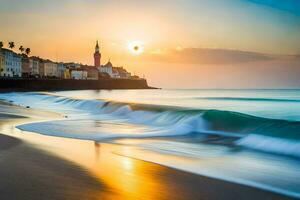 le coucher du soleil plus de le plage et ville de personne, France. généré par ai photo