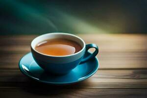 une tasse de thé sur une en bois tableau. généré par ai photo