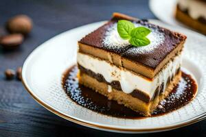 une pièce de Chocolat gâteau avec une menthe feuille sur Haut. généré par ai photo