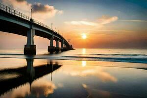une pont plus de le océan à le coucher du soleil. généré par ai photo